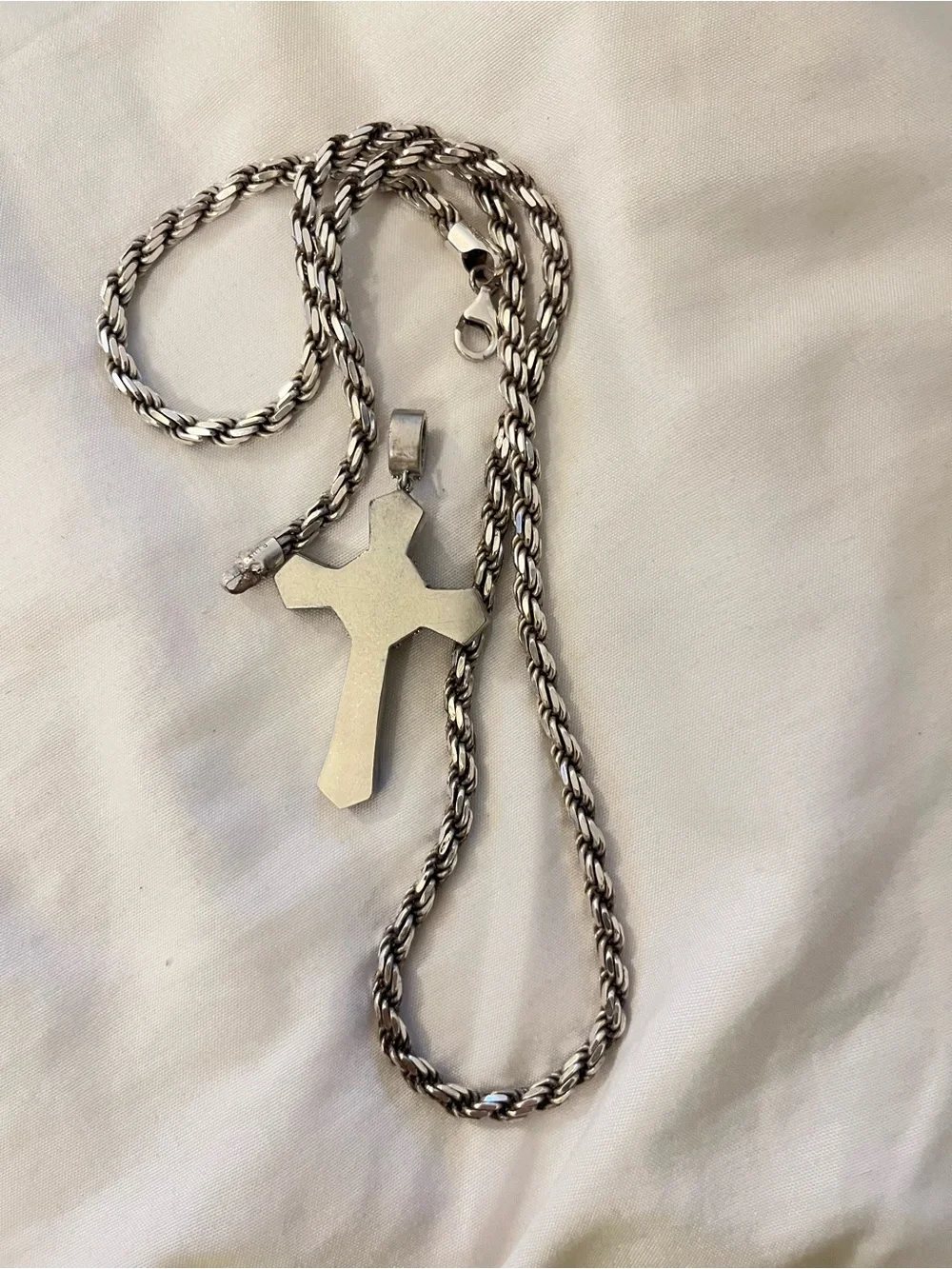 Silver Rope Chain Necklace with Pave Cross Pendant 22 inches